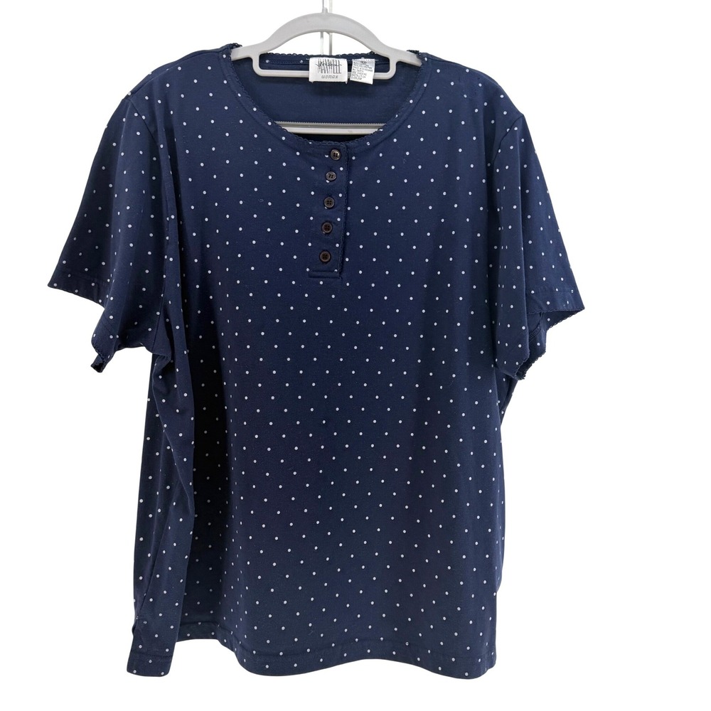 Jason Maxwell Henley Top Women 3X Navy Blue Polka Dot Short Sleeve Casual Preppy